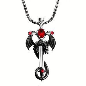 Dragon Sword Pendant Necklace Red Rhinestones Gothic Jewelry Stocking Stuffers